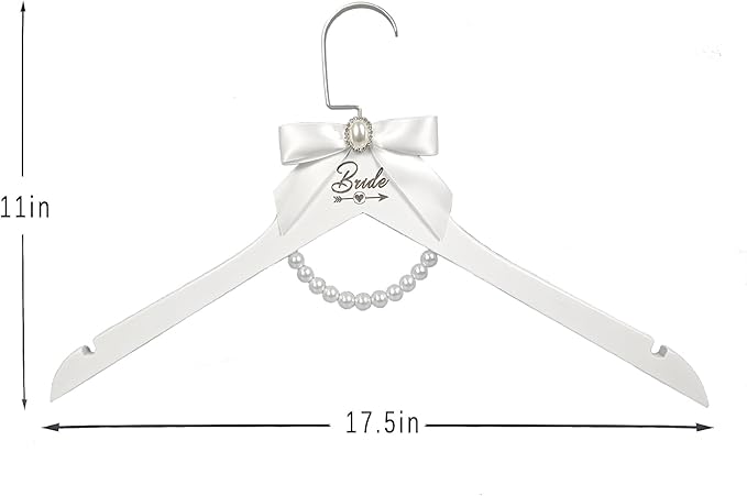 7 Pcs Bride Hanger White Wooden Bridesmaid Hangers with Bow and Pearl Necklace for Wedding Dresses Bridesmaid Gowns Personalized Wedding Gifts (1 Bride + 6 Bridesmaid Hangers)