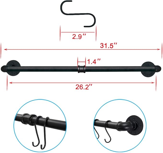 TLBTEK Industrial Pipe Clothes Rack,Black Iron Bathroom Kitchen Towel Bar,Vintage Farmhouse DIY Wall Mounted Pot Bar Rack, Detachable Kitchen Utensils Hanger (31.5 Inch)