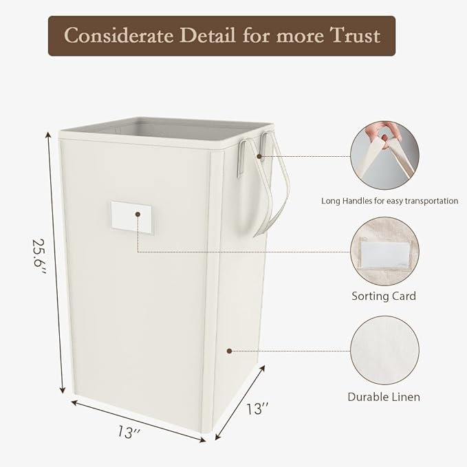 MCleanPin 210L Laundry Hamper Collapsible with 2 Washable Laundry Bags, Dirty Clothes Hamper,Laundry Basket with Handles Foldable Hamper Dorm Laundry Basket for College (Cream White)