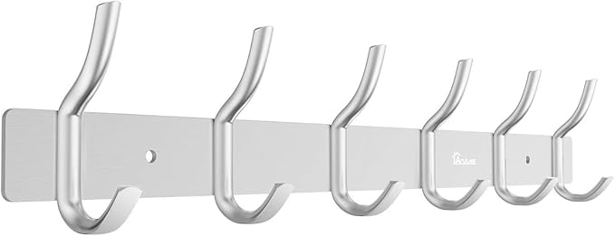 Wall Mounted 16 inch Coat Hanger Rack 6 Hooks Aluminum Alloy Silver for Kithchen Bathroom