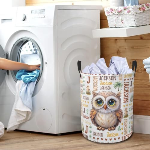 Owl Laundry Basket,Custom Laundry Hamper with Name,Personalized Owl Gifts for Boys Girls,Customize Collapsible Laundry Basket for Bedroom Bathroom,S-16.5"x 13.8"
