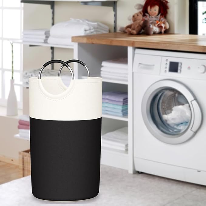 2 Pack 90L Laundry Hamper Large Collapsible Laundry Baskets Bin with Soft Aluminum Handle，Tall Freestanding Foldable Dirty Clothes Hamper Black for Laundry Room Bedroom College Dorm Bathroom（Black）