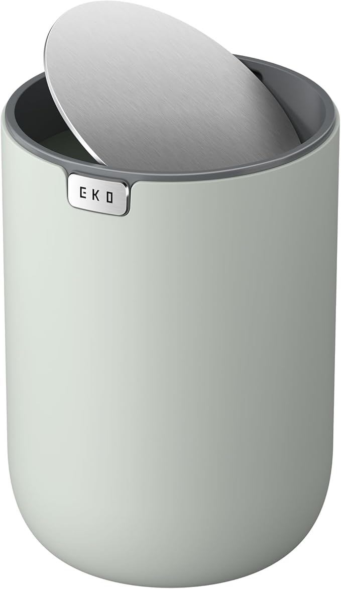 EKO Fandy 0.4 Gal/1.5L Mini Tabletop Trash Bin with Swing-Lid, Desktop Trash Can for Bathroom Countertop, Vanity, Coffee or Office, Small Garbage Bin (Sage)