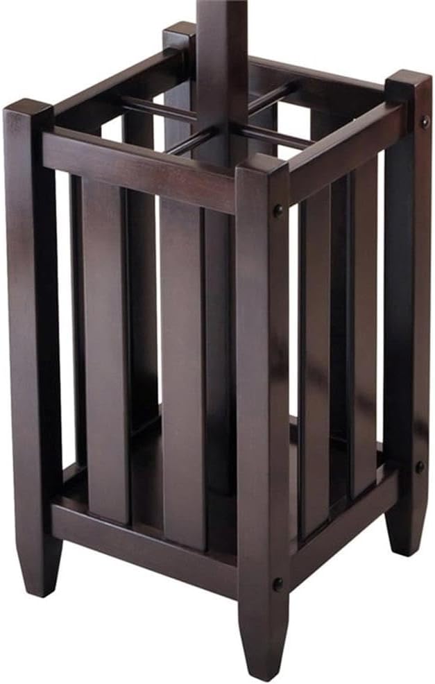 Pemberly Row Transitional Solid Wood Coat Tree and Umbrella Rack, 71.52" H, Cappuccino Finish, 4 Double Metal Hooks, Satin Nickel Hardware, Entryway or Hallway Storage
