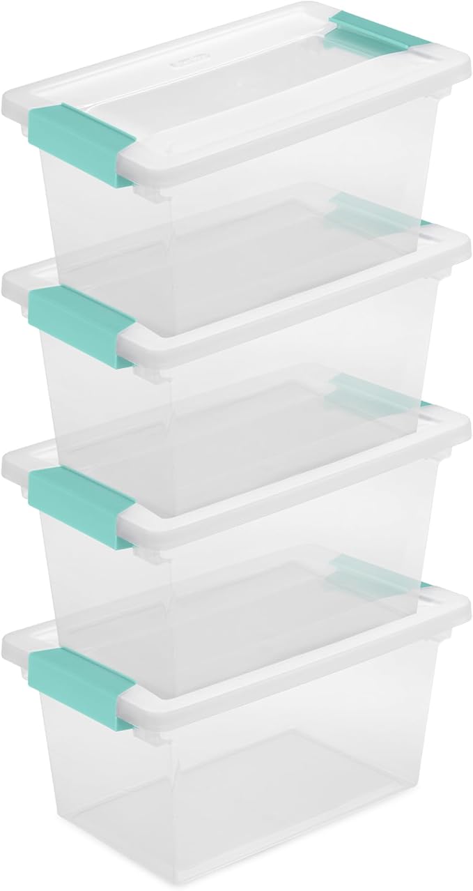 Sterilite 4-Pack Clip Box, Stackable Clear Plastic Bins with Latching Lids, Medium - Writing, Arts or Crafts Supplies Storage Containers for Home, Office, Classroom and Workshop Organization