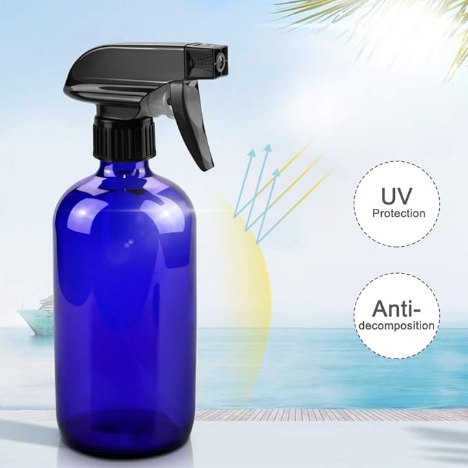 Glass Spray Bottles, 16oz Refillable Containers, Empty Boston Round Bottles with Labels & Adjustable Nozzle for Cleaning, Gardening, Aromatherapy, Pets, Plant, Hair -Blue (2 Pack)