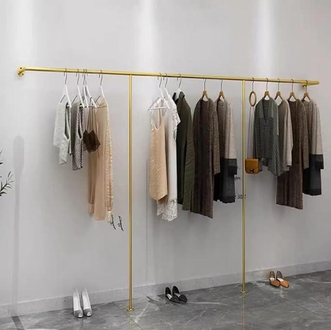 Industrial Pipe Clothing Rack Wall Mounted,Wall Mounted Clothes Rack,Five Bases, Strong Load Bearing Capacity, Space Saving, Suitable for Clothes Display and Storage (80.7, Gold)