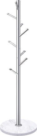 Homde Metal Coat Rack Stand with Natural Marble Base, Stainless Steel Freestanding Clothes Tree Hanger with 8 Hooks, Hall Hanger for Coat Jackets Hat Scarves Handbags Entryway Bedroom (Silver)