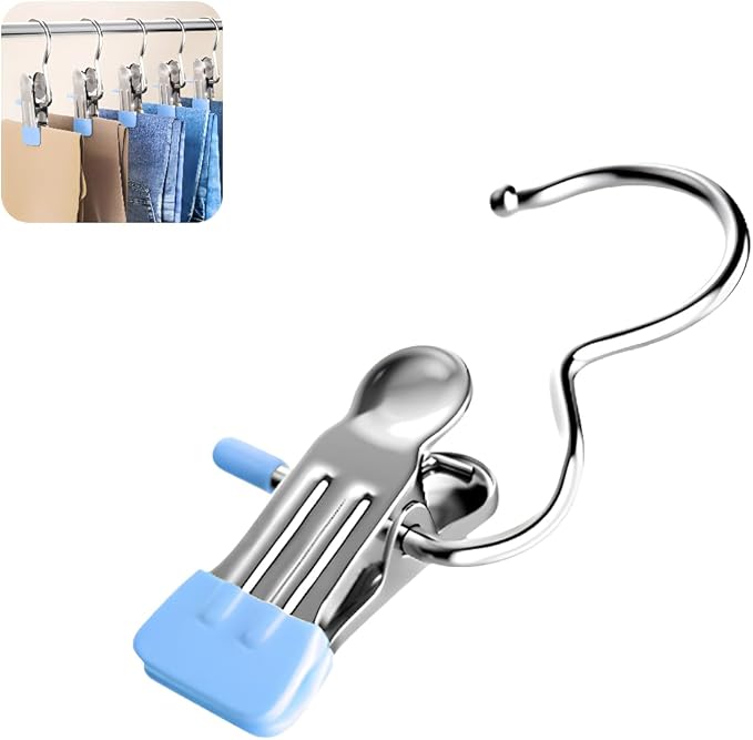 Clothes Pins, 15 Pack Hanger Hooks, Stainless Steel Laundry Clips, Travel Hangers, Towel Clips, Legging Organizer for Closet Hanging, Space Saving Hanger Clips for Pants, Jeans, Hats, Boot(15P+Blue)