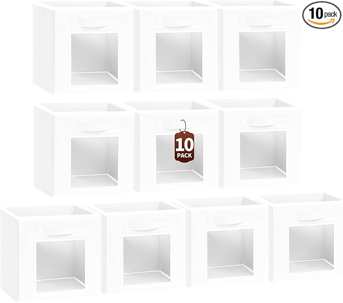 Storage Cube 11 Inch - Cube Storage Bins with Window, Closet Storage Baskets with Handle, Fabric Bins for Closet, Shelves, Toys, Clothes, Set of 10, White