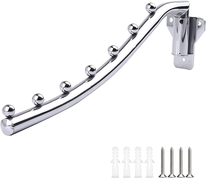 Folding Wall Mounted Clothes Hanger Rack, Stainless Steel Garment Hooks with Swing Arm Holder, Space Saver Clothing Hanging System Closet Storage Organizer with Screws for Bedroom Laundry Room, 1 Pack