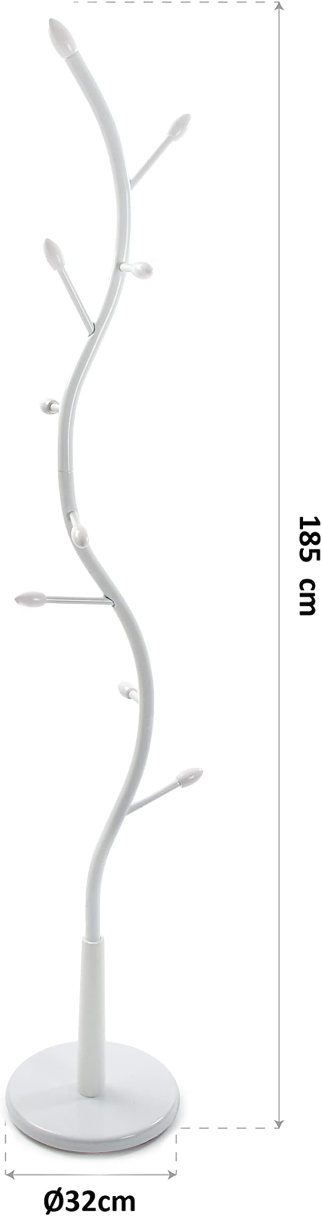 Versa Swindon Minimalist Style Coat Rack, with 9 Hooks for Clothing or Bags for The Hall, Measurements (H x L x W) 185 x 32 x 32 cm, Metal, Colour White
