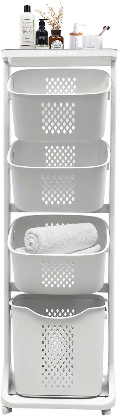 4-Tier Vertical Laundry Basket with Wheels, Tiered Laundry Organizers and Storage with Removable Basket, Vertical Rolling Laundry Hampers for Laundry Room, Dorm, Bathroom, White