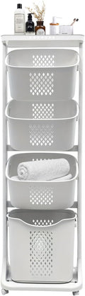 4-Tier Vertical Laundry Basket with Wheels, Tiered Laundry Organizers and Storage with Removable Basket, Vertical Rolling Laundry Hampers for Laundry Room, Dorm, Bathroom, White