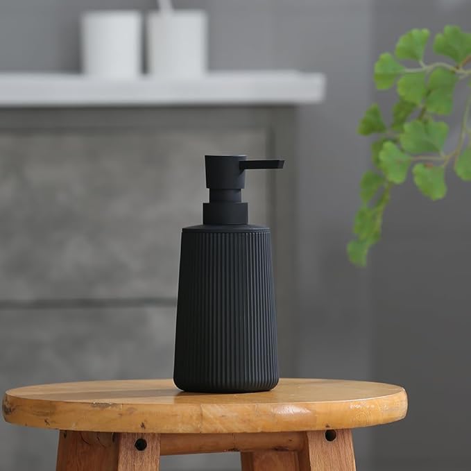 Small Soap Dispenser for Bathroom and Kitchen, Modern Farmhouse Striped Style Plastic Hand Soap Dish Soap Dispenser with Pump Matte Black