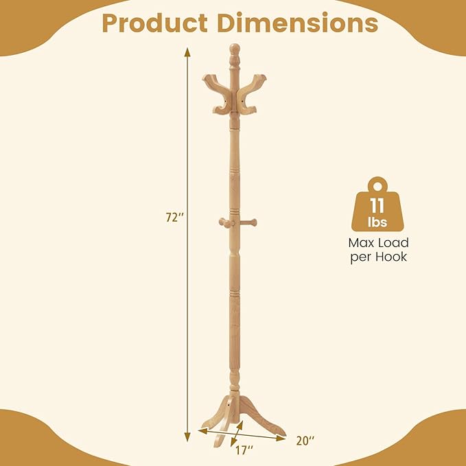 Giantex Solid Wood Coat Rack, Freestanding Hall Tree with 3 Adjustable Heights and 11 Hooks, Rubber Wood Frame, Entryway Hanger Stand, Wooden Garment Rack for Hallway, Living Room (Natural)