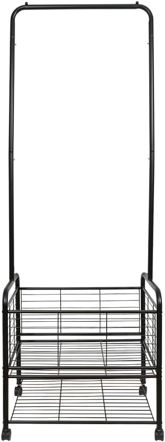 Black Metal Rolling Laundry Hamper Butler Cart Basket with Hanging Garment Rack, Storage Organizer with Mobile Wheels