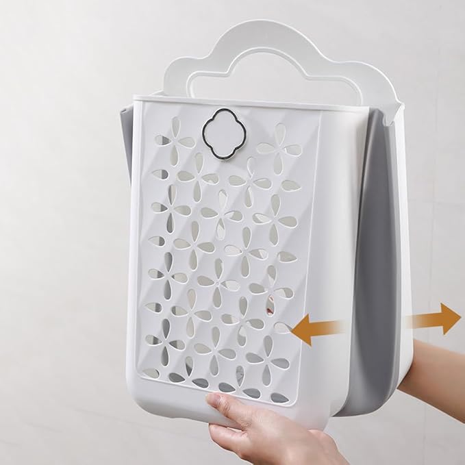 Collapsible Laundry Hamper, Household Foldable Dirty Wall Hanging Multi-functional Hollow Storage Basket Large Capacity Storage Bucket, Plastic Collapsible Hanging Laundry Baskets with Carry Handle