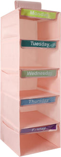 5-Shelf Weekly Clothes Organizer for Kids, Collapsible Hanging Closet Shelves, Baby Closet Organizers and Storage with 6 Side Pockets, Daily Clothing Divider for Boys and Girls (Pink)
