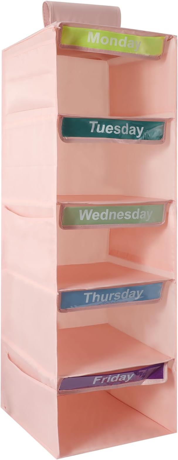 5-Shelf Weekly Clothes Organizer for Kids, Collapsible Hanging Closet Shelves, Baby Closet Organizers and Storage with 6 Side Pockets, Daily Clothing Divider for Boys and Girls (Pink)