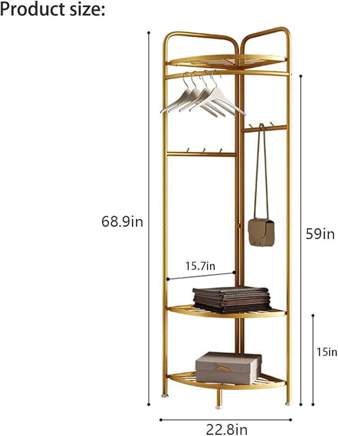 corner coat rack,corner hall tree with 6 hooks and storage shelf,gold clothing rack,Freestanding garment rack,metal corner clothes rack for Hallway, Entryway, Bedroom
