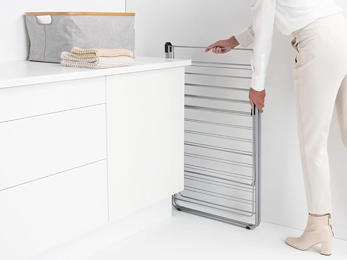 Brabantia HangOn Clothes Drying Rack | 82ft (25m) | Metallic Gray | Large Indoor Clothes Airer Laundry Stand with 2 Fold-Out Wings & Hanger Hooks, Folds Flat | Fits 2 Full Loads