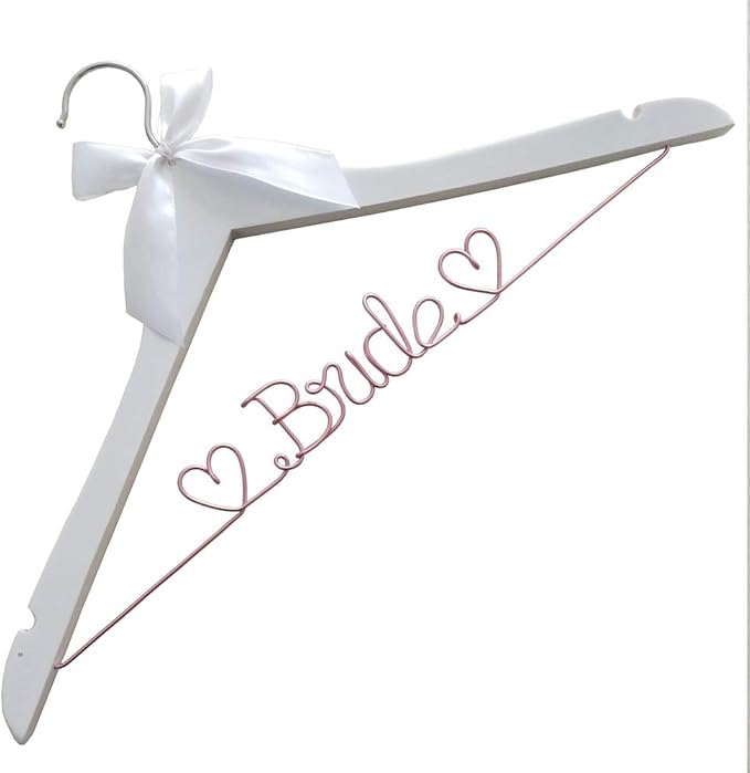The Bride's Wedding Gift, Wooden Wedding Dress Gown Hanging Wire Letter Hanger (White and Pink Lines)