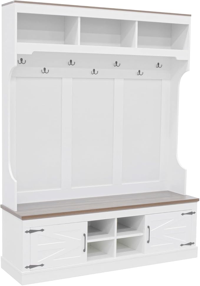 Versatile Hall Tree with 7 Hooks and Shoe Storage, 71''H Farmhouse Wood Coat Rack Entryway Storage Organizer Cabinet with 4 Shoe Cubbies, 54.30'' Wide Hall Tree for Entrance Hallway