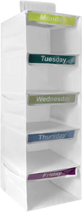 5-Shelf Weekly Clothes Organizer for Kids, Collapsible Hanging Closet Shelves, Baby Closet Organizers and Storage with 6 Side Pockets, Daily Clothing Divider for Boys and Girls (White)
