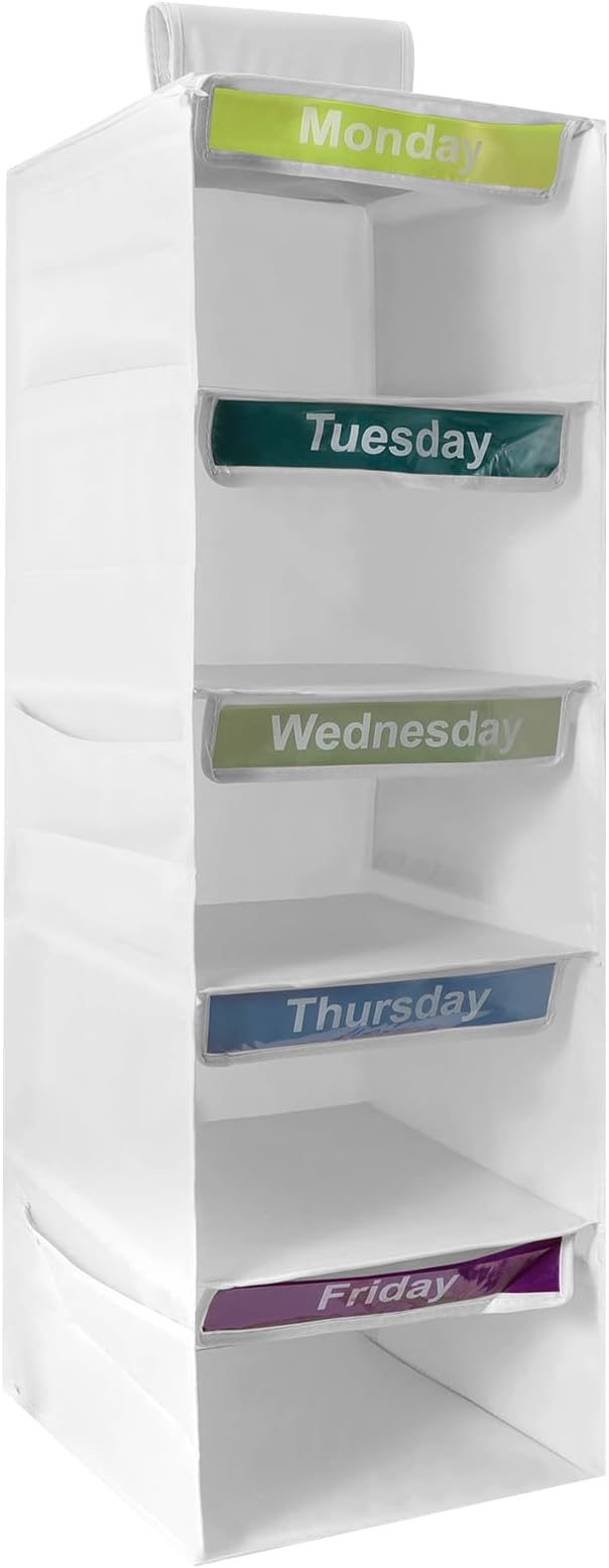 5-Shelf Weekly Clothes Organizer for Kids, Collapsible Hanging Closet Shelves, Baby Closet Organizers and Storage with 6 Side Pockets, Daily Clothing Divider for Boys and Girls (White)