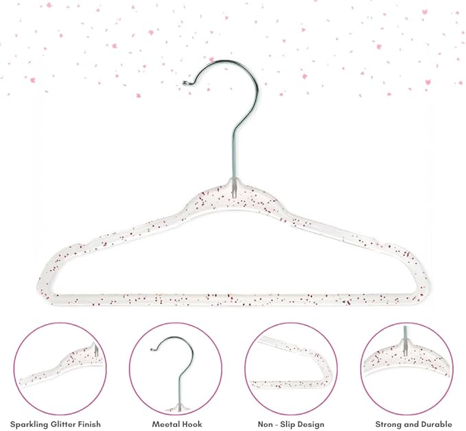 CONCEPTS 20 Pack Baby Hangers Kids Acrylic Non Slip Glitter Clothes Hangers for Toddler Infant Newborn Closet Organizer Small Hangers for Baby Clothes Pants Shirts Space Saving Nursery