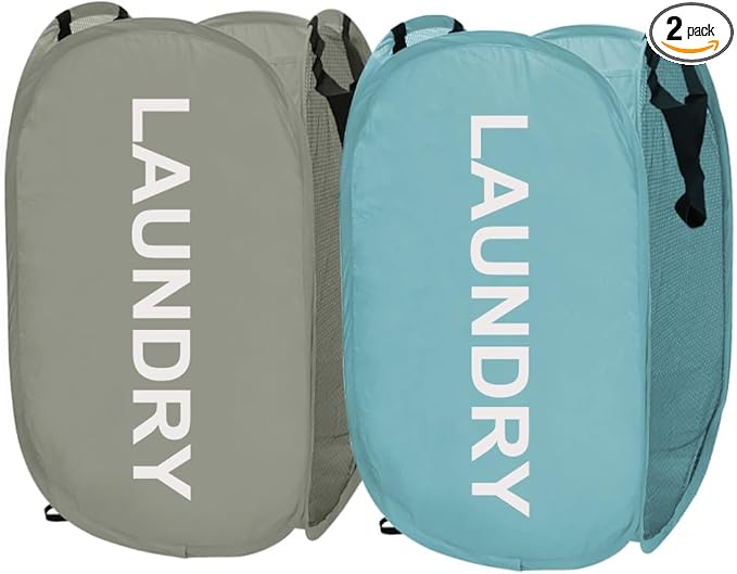 Larpur Pop Up Laundry Baskets, 2 Pack Mesh Laundry Hampers Collapsible Clothes Hampers for Home, Dorm, Travel (Gray + Blue)