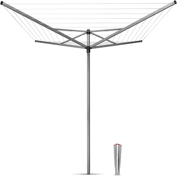 Brabantia Topspinner Outdoor 4 Arm Spinning Clothesline (131 ft/Ø 1.8") Rotating, Folding Clothes Drying Rack + Ground Spike (Gray)