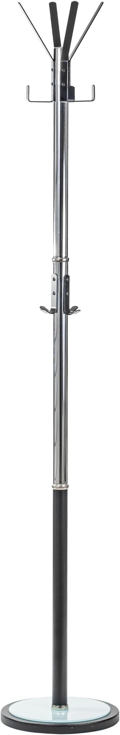 Coat Rack with Brushed Steel Finish – Space-Saving Entryway Organizer Perfect for Coats, Bags, Purses and Hats. Stand with12 Black Hooks and Tempered Glass Base, Perfect for Home & Office 69'' Tall