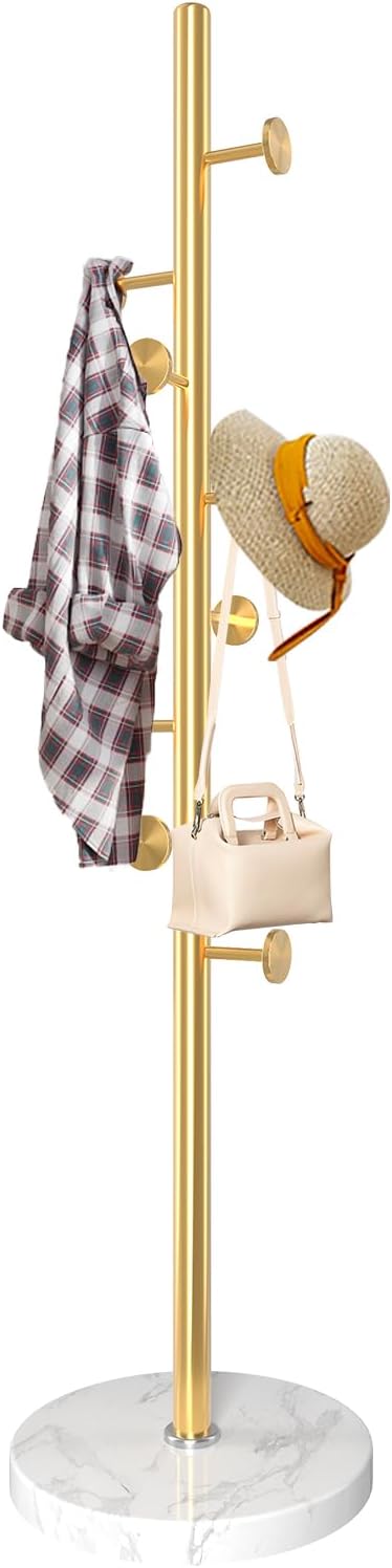 Modern Metal Coat Rack Stand with Natural Marble Base, Heavy Duty Coat Rack Freestanding with 8 Hooks, Golden Standing Coat Racks Hall Tree Stand for Bag, Jacket, Entryway Office