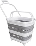 Folding Laundry Basket with Wheels Handle Collapsible Plastic Hamper 38L Portable Rubber Clothes Multi Use Grocery Shopping Cart Pop Up Storage Container Organizer with Hanging Space Saving White Grey
