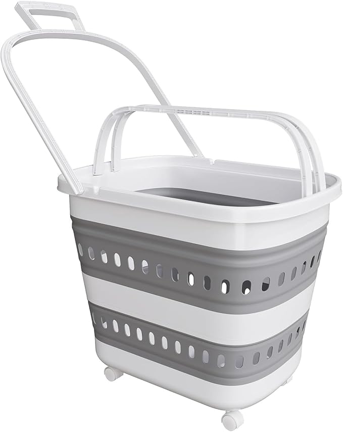 Folding Laundry Basket with Wheels Handle Collapsible Plastic Hamper 38L Portable Rubber Clothes Multi Use Grocery Shopping Cart Pop Up Storage Container Organizer with Hanging Space Saving White Grey