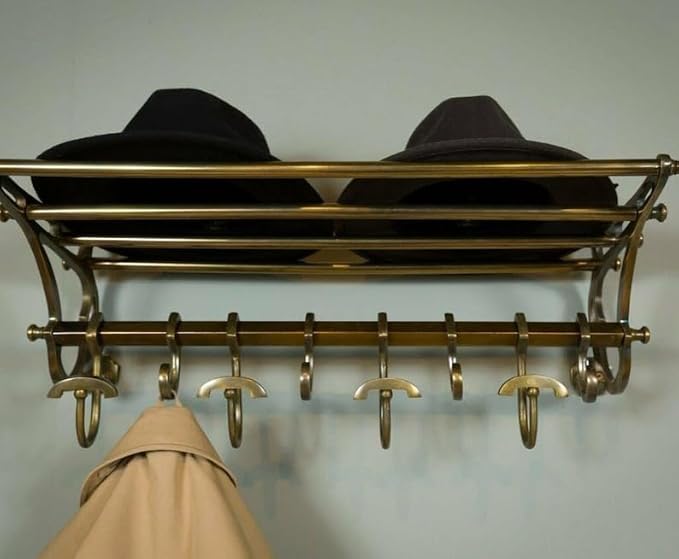 French Coat Rack Luggage Rack Wall Mounted Shelf Vintage Luxury Home Decor- Antique Brass Finish with 8 hooks