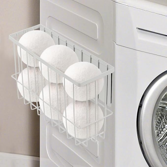 Magnetic Dryer Ball Holder, Dryer Lint Bin Magnetic Basket Organizer Shelf Rack Dryer Ball Container for Laundry Room Organization and Storage (White, Medium)
