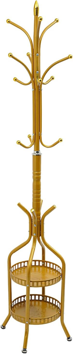 Multifunctional Metal Coat Rack Stand, Freestanding Coat Rack Hat Hall Tree with 2 Layer Basket and Practical Feet, Clothing Rack for Hallways, Living Rooms (Gold)