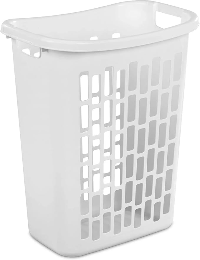 Bushel Laundry Hamper, Slim Rectangular Ventilated Plastic Clothes Basket, Heavy Duty Washing Bin With Reinforced Handles for Bathroom, Dorm, and Closet Organization, White, 1 Pack