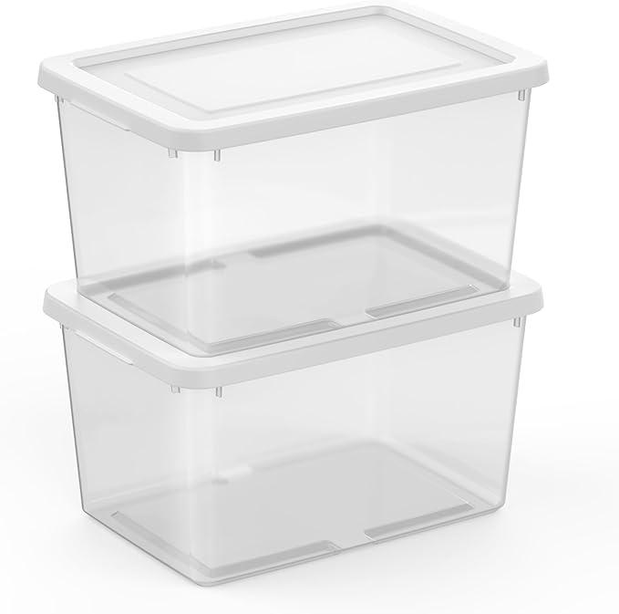 Sterilite 24 Pack Storage Boxes, Clear Plastic Stackable Containers, Lightweight Home Organizers with Snap Lids, 20 Quart, White