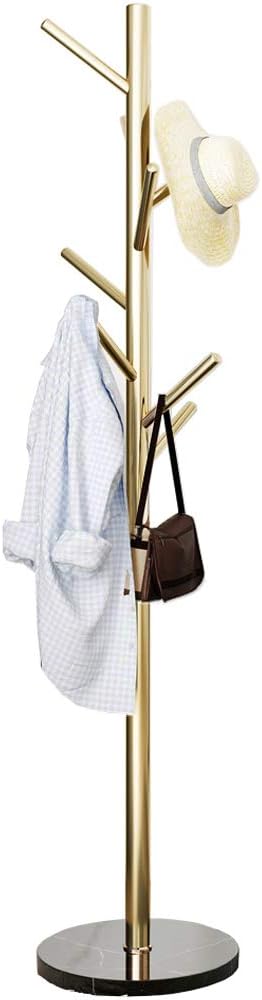 Jolitac Metal Coat Rack Stand Golden Satin Steel Finish Stable Marble Base, High-Grade with Hooks Metal Tree Hat & Coat Hanger Floor Free Standing Wall Bedroom Easy Assembly (Golden)