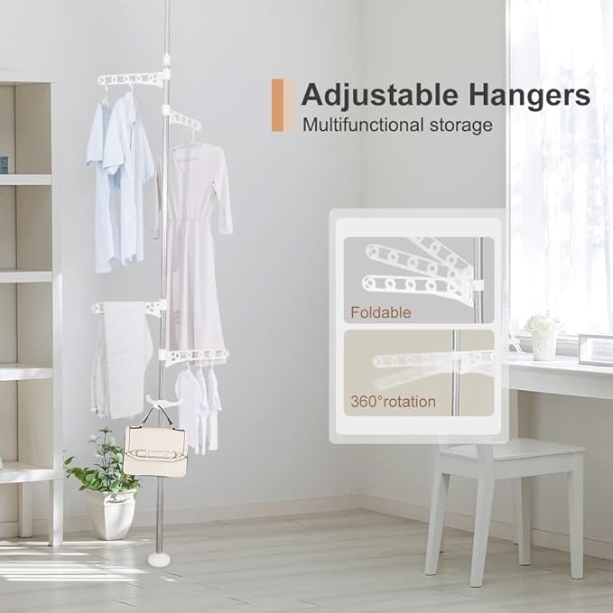 BAOYOUNI Corner Laundry Pole Coat Tree Hanger Telescopic Clothing Drying Rack Floor to Ceiling Tension Shelf Rod Metal Storage Organizer Stand with 4 Arms & 1 Hook - Ivory