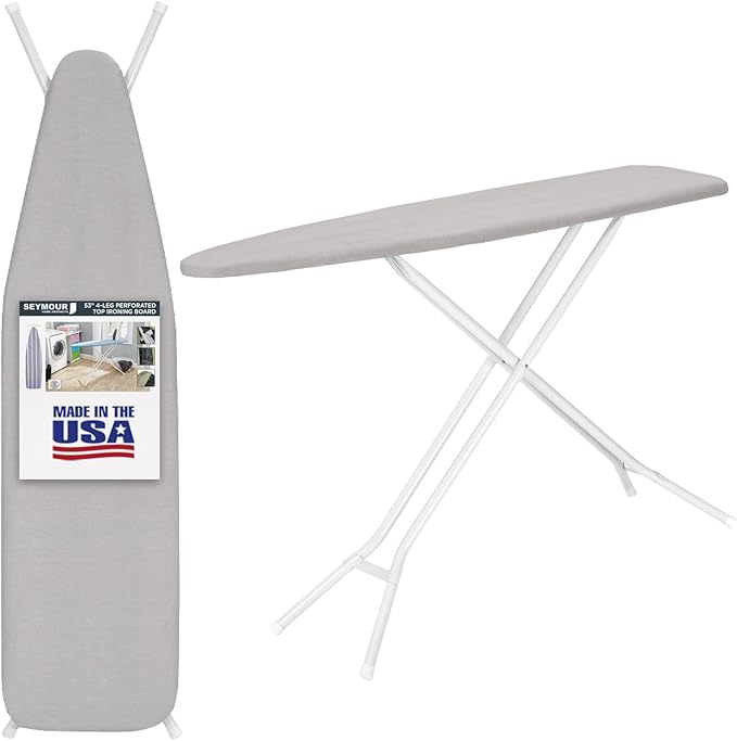 Full Size Ironing Board Made in USA – Light Grey by Seymour Home Products 4 Heavy-Duty Steel Legs Perforated Top for Steam Includes Cover & Pad Sturdy, Foldable Iron Board for Home & Laundry