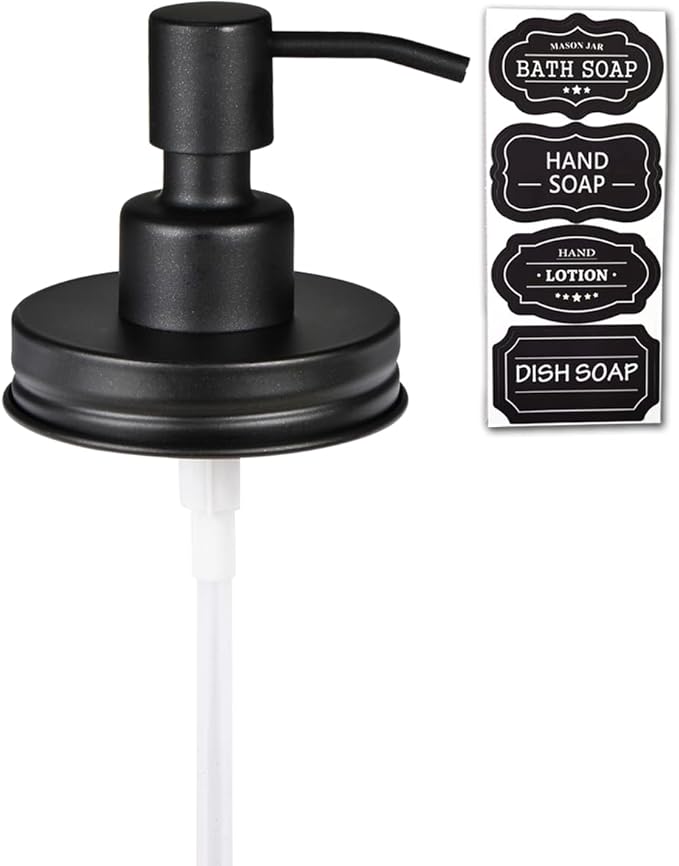 Amolliar Mason Jar Liquid Soap Dispenser Lid, Rust Proof Stainless Steel, Cute Farmhouse Decor for Kitchen, Bathroom, Bath, Refill Liquid Soap Pump for Hand Soap, Dish Soap, Lotion Soap, Black 1 Pack