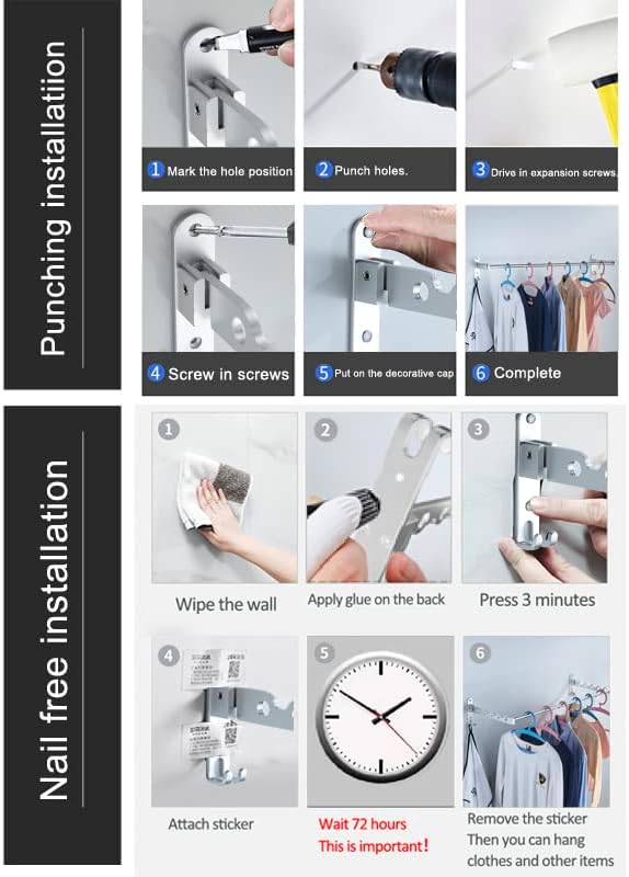 Small Wall Clothes Rail, Aluminium Foldable Drying Rack Hook 90° Rotation Coat Hanger for Laundry Bathroom Balcony (Silver Fixed Seats+Rod)