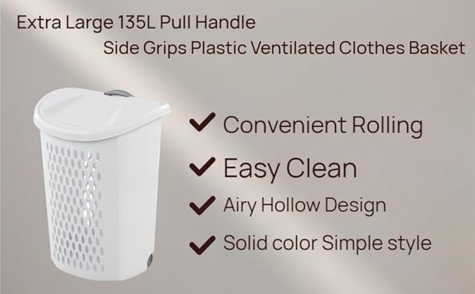 Wheeled Laundry Hamper with Handle for Easy Transport, White Plastic Clothes Hamper Basket with Lid