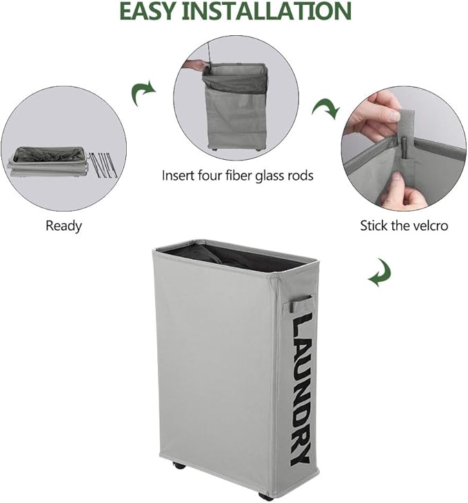 Slim Rolling Laundry Basket with wheel, IHOMAGIC Rectangle Storage Hamper - Thin Laundry Basket Corner Fittable Laundry Bin Flexible Laundry Sorter For Dormitory, Hotel, 39x18.5x58cm 41L, Light Gray