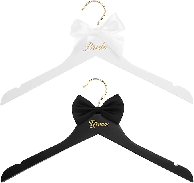 2 Pcs Bride Hanger and Groom Wedding Wooden Hanger with Letter and Bow Tie for Tuxedo Suit Bridesmaid Bridal Wedding Gift Bridal Party Shower (Classic)